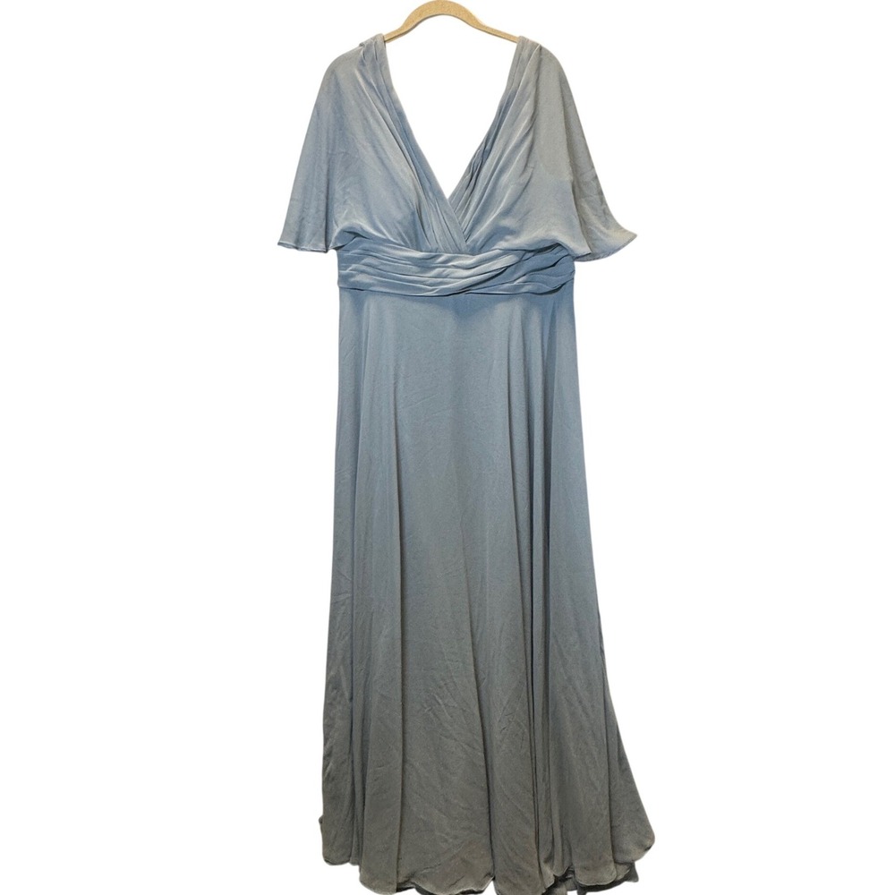 Azazie A16 Dusty Light Blue Flutter Sleeve V-Neck Chiffon Maxi Bridesmaid Dress